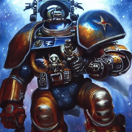 Image similar to space marine looking at monsters, highly detailed, oil painting, trending on artstation