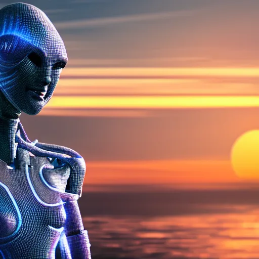 Prompt: a friendly alien embodying artificial intelligence creative entrepreneurship as the essence of a sunrise vivid iconic