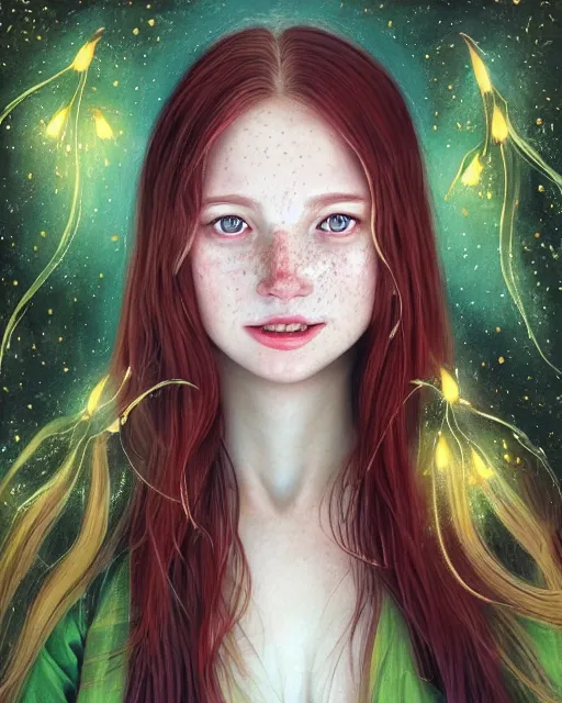 Prompt: infp girl, smiling, amazed by golden fireflies lights, sitting in the midst of nature fully covered, long loose red hair, intricate linework, green eyes, small nose with freckles, oval shape face, realistic, expressive emotions, dramatic lights, spiritual scene, hyper realistic ultrafine art by cecco del caravaggio and albert bierstadt and artgerm