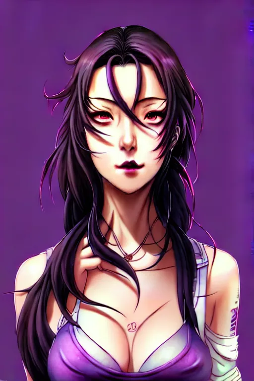 Prompt: a portrait of dilraba dilmurat as revy from black lagoon, smirk, black tank top, jean shorts, brown eyes, purple hair, tribal tattoo slevve right arm, symmetrical eyes, symmetrical face, art by lois van baarle and loish and ross tran and rossdraws and sam yang and samdoesarts and artgerm