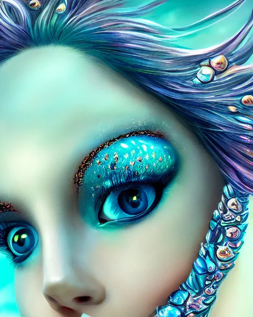 Prompt: detailed mermaid eyes, fine details, pretty face, vibrant, reflections, perfect, underwater, 8 k high detail, intricate, sharp focus, masterpiece, trending on artstation