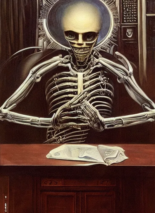 Prompt: a portrait of a mechanical president in the oval office, by h. r. giger, masterpiece, sharp focus, cinematic lightning