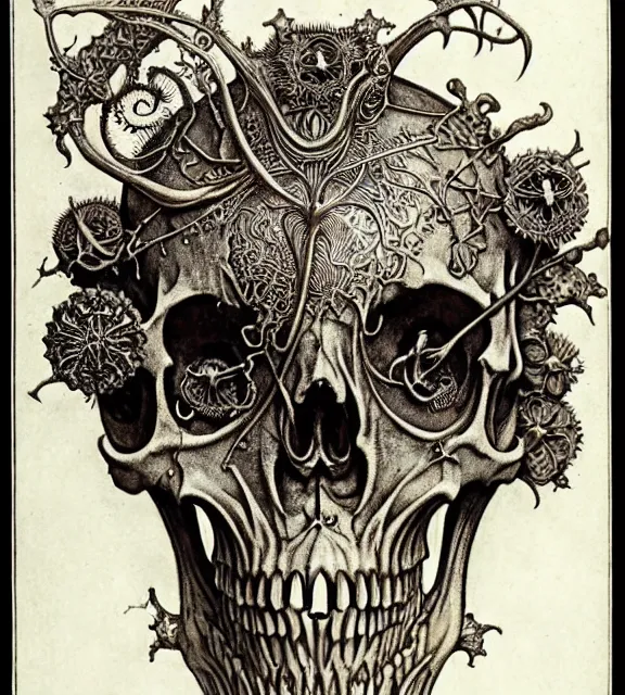 Image similar to memento mori by arthur rackham, art forms of nature by ernst haeckel, exquisitely detailed, art nouveau, gothic, ornately carved beautiful skull dominant, intricately carved antique bone, art nouveau botanicals, ornamental bone carvings, art forms of nature by ernst haeckel, horizontal symmetry, arthur rackham, ernst haeckel, symbolist, visionary