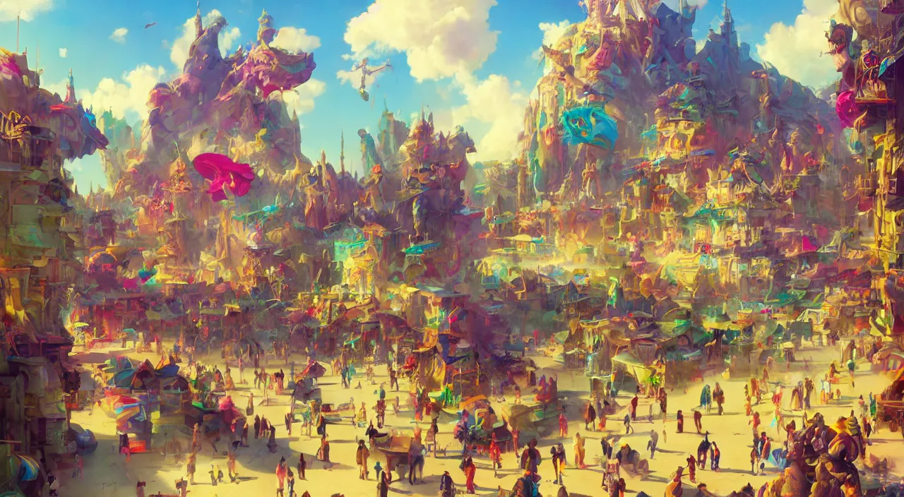 Image similar to bazaar zouk oriantal multicolorful sky shine place mosquet painting, sunny day, matte painting, bold shapes, hard edges, street art, trending on artstation, by huang guangjian and gil elvgren and sachin teng