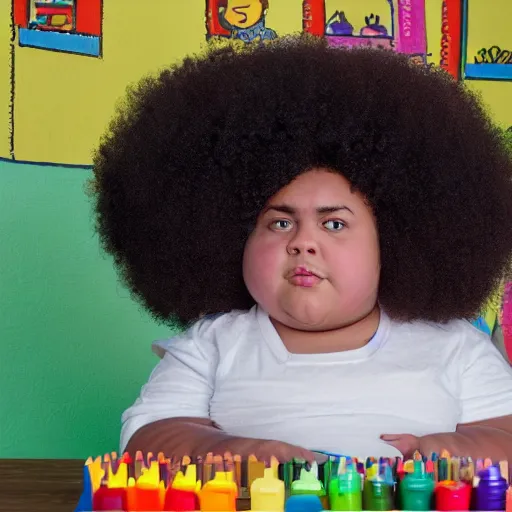 Image similar to a fat girl with a big afro sitting in a boat who is eating crayons