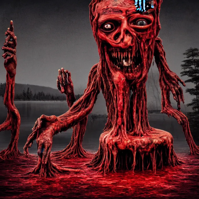 Prompt: a portrait of ( a monster with five heads, twelve arms, and sixteen legs ), sitting on ( chair made of human limbs ), ( the chair is floating in a lake of blood ), ( in the lake is a giant melting tree ), digital art, hyperrealistic nightmare scene, supernatural, highly detailed, creepy, terrifying