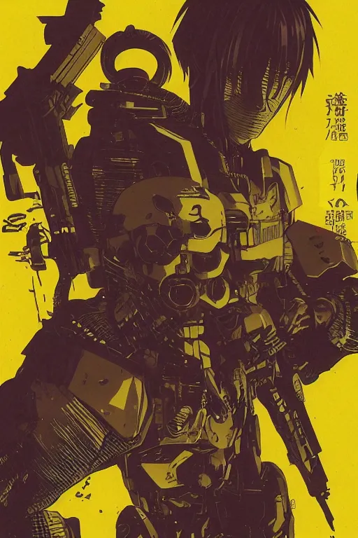 Prompt: professionally drawn seinen mature cyberpunk military horror action manga comic cover, full color, beautifully drawn coherent professional, drawn by ilya kuvshinov, ilya kuvshinov, satoshi kon, kentaro miura, dave mckean, tsutomu nihei. japanese script kanji hiragana on the cover. minimalist stylized cover art. yellow purple cel shaded