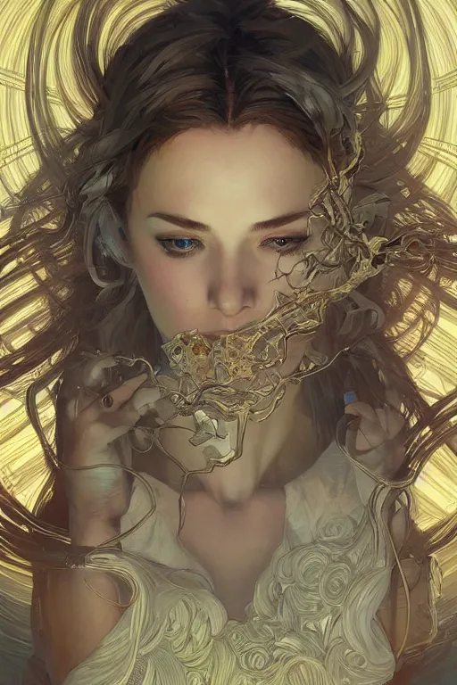 Image similar to do androids dream of electric sheep, intricate, elegant, highly detailed, digital painting, artstation, concept art, smooth, sharp focus, illustration, art by artgerm and greg rutkowski and alphonse mucha