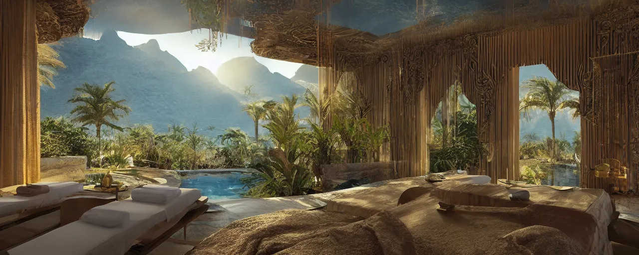 Prompt: surreal hyper luxury spa with intricate golden details with view to arid mountains and palm forest, ultra detailed, photorealism, sharp focus, volumetric light, global illumination