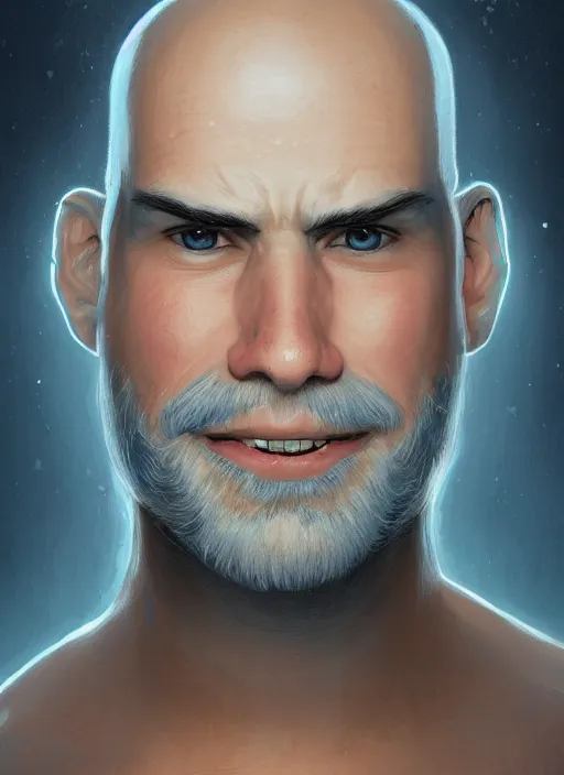 Prompt: head-on symmetrical centered painted portrait, a smiling bald androgynous man with no beard with completely blue skin in his twenties as a D&D wizard, fantasy, intricate, elegant, highly detailed, digital painting, smooth, sharp focus, illustration, artstation, in the style of Artgerm and Anna Podedworna and Charlie Bowater and Michael Garmash