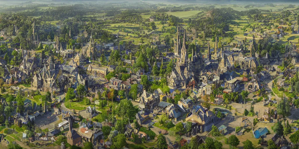 Prompt: a large victorian town next to a lush countryside landscape under a sunny blue sky, hyper detailed, digital art, trending in artstation, cinematic lighting, studio quality, smooth render, unreal engine,