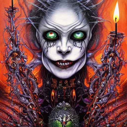 Prompt: realistic detailed image of a Wicked Ugly Halloween Witch with Glowing Crystal Ball and Red Eyes Casting a Dark Spell in Candle light by Ayami Kojima, Amano, Karol Bak, Greg Hildebrandt, and Mark Brooks, Neo-Gothic, gothic, rich deep colors. Beksinski painting, part by Adrian Ghenie and Gerhard Richter. art by Takato Yamamoto. masterpiece
