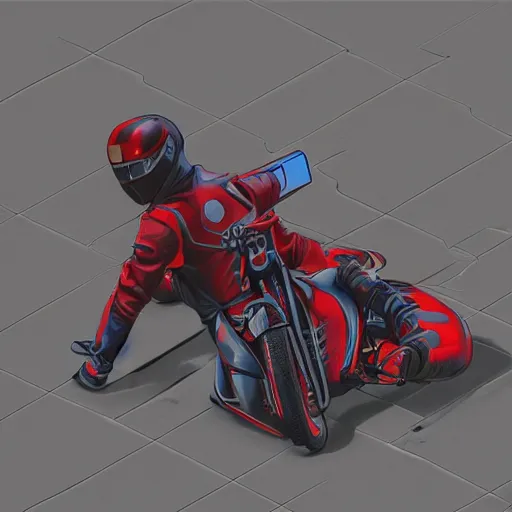 Image similar to isometric view of a man with a red jacket from behind. a red futuristic racing motorbike in front of the man. pencil drawing, panoramic view, wide angle, photo realistic, hyper realistic, dynamic lighting, cyberpunk, ultra detailed, sharp focus, digital illustration, concept art trending on artstation