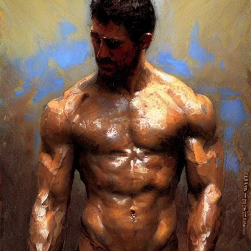 Prompt: a man with a ripped body type, painting by Gaston Bussiere, Craig Mullins