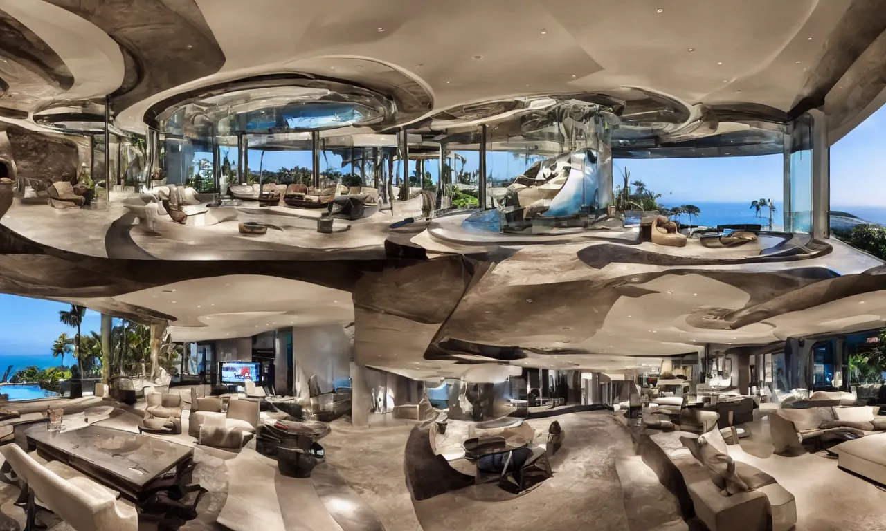 Image similar to A Luxurious Futuristic Mancave in a Billionaire's Megamansion in Puerto Vallarta