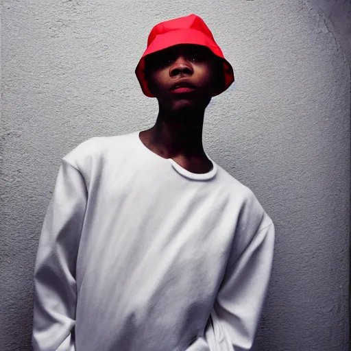 Image similar to realistic photoshooting for a new issey miyake lookbook, color film photography, portrait of a beautiful woman, model is wearing a bucket hat, photo in style of tyler mitchell, 3 5 mm,