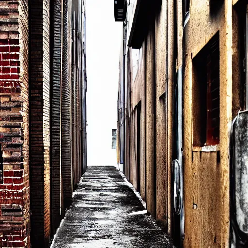 Prompt: Social realism. Alley. The loudspeaker is factory-made. Plastic polymer . Brick pipes of the plant. High definition image.