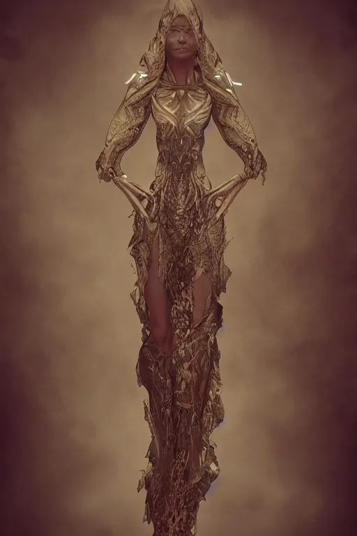 Image similar to a realistic moody photo of a beautiful ancient alien woman goddess kate moss nymph standing in iris van herpen dress jewelery and fractals in style of alphonse mucha art nuvo dmt trending on artstation made in unreal engine 4