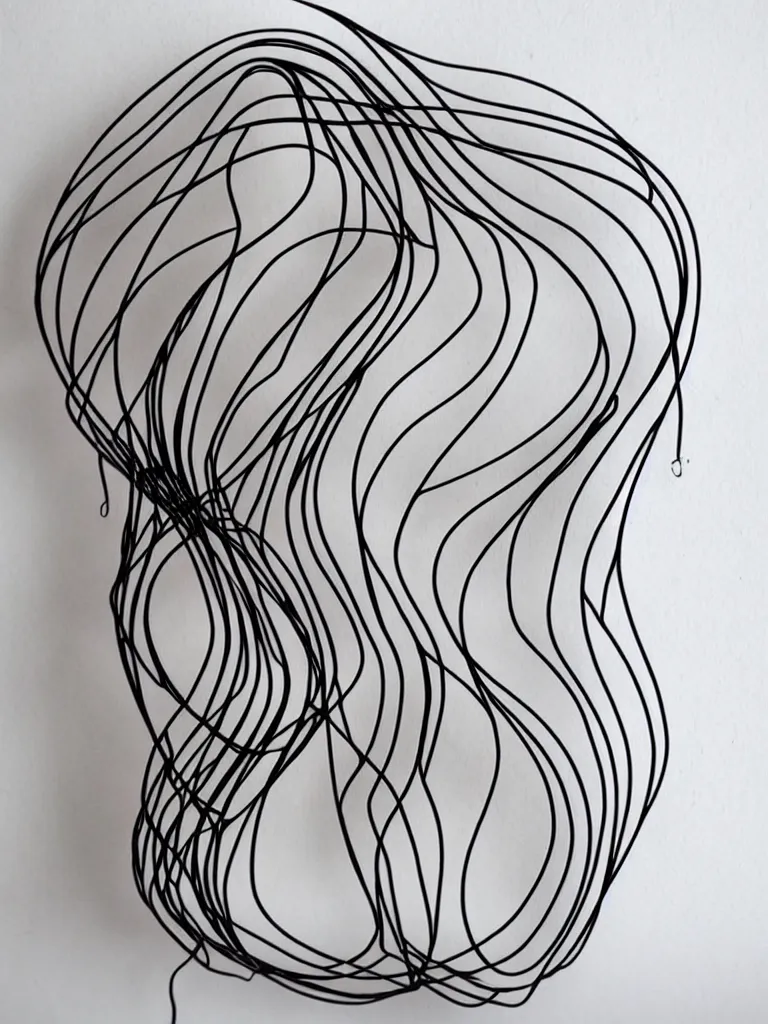 Image similar to elegant minimalist metal wire art of symmetrical and emotional dramatic female facial features and body silhouette, special curves, unusual twirls and funky spirals