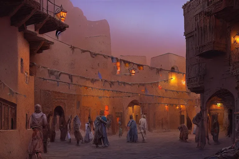 Prompt: low angle in the middle of a adobe house kasbah town, mud and brick houses, merchant street, pueblo dense architecture, colorful crowd. Huge persian temple in a plaza, round roof. Scenic view at night, underexposed, clean horizon, matte painting by craig mullins and dan mumford, dark fantasy, style of game of thrones, concept art trending on artstation, 4k, insane details