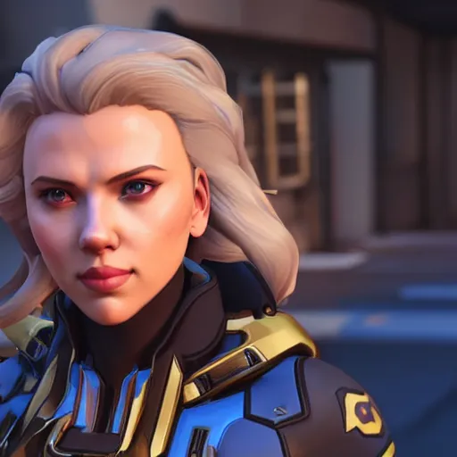 Prompt: Scarlett Johansson as a character in the game Overwatch, with a background based on the game Overwatch, detailed face