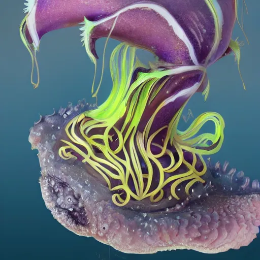 Prompt: close-up of a sea slug looking like fantasy characters in its habitat, trending on artstation