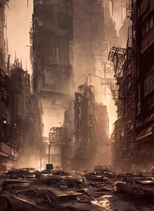 Image similar to post apocalyptic street in futuristic Manhatten, dramatic lighting, cinematic, establishing shot, extremely high detail, photo realistic, cinematic lighting, post processed, concept art, artstation, matte painting, style by eddie mendoza, raphael lacoste, alex ross