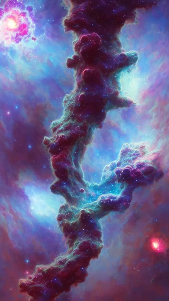 Image similar to psychedelic transcendent puffs! of smoke, space, supernova, nebulae, pillars of creation, high contrast lighting, highly detailed, concept art, art by collier, albert aublet, krenz cushart, artem demura, alphonse mucha