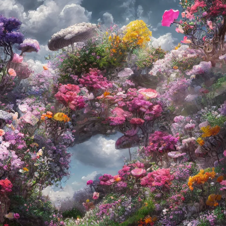 Image similar to a beautiful painting of every cloud has a silver lining, made from flowers and fungi, highly detailed, 8 k resolution, trending on artstation