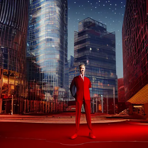 Image similar to a man with an elegant red suit, photography, 3 d render, at night, buildings