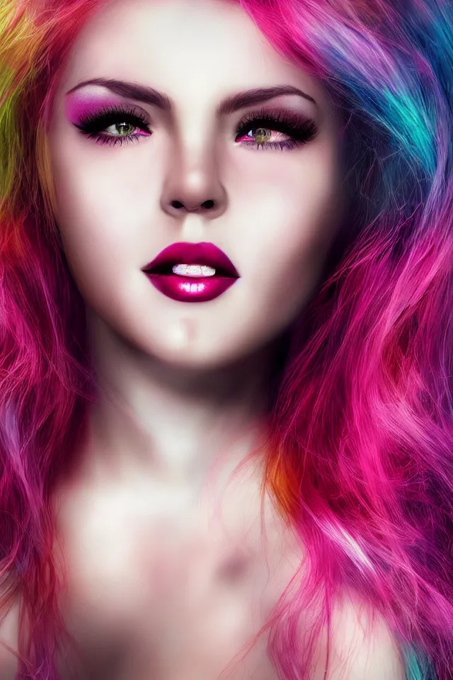 Image similar to ultra realistic portrait of a hot witch , colorful hair, pink lips, gorgeous smile, stunning, hottest, 8K resolution, deviantart,