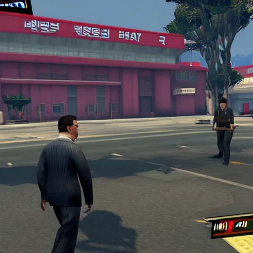 Prompt: in - game screenshot of grand theft auto 5 : pyongyang edition