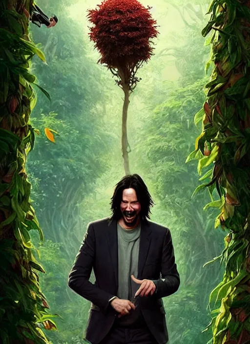 Image similar to highly detailed comedy caper movie poster with silly wacky zany keanu reeves as a sentient pile of leaves, keanu reeves green face as tree sentient leafy bush by greg rutkowski, masterpiece, really funny, 1 0 / 1 0 comedy