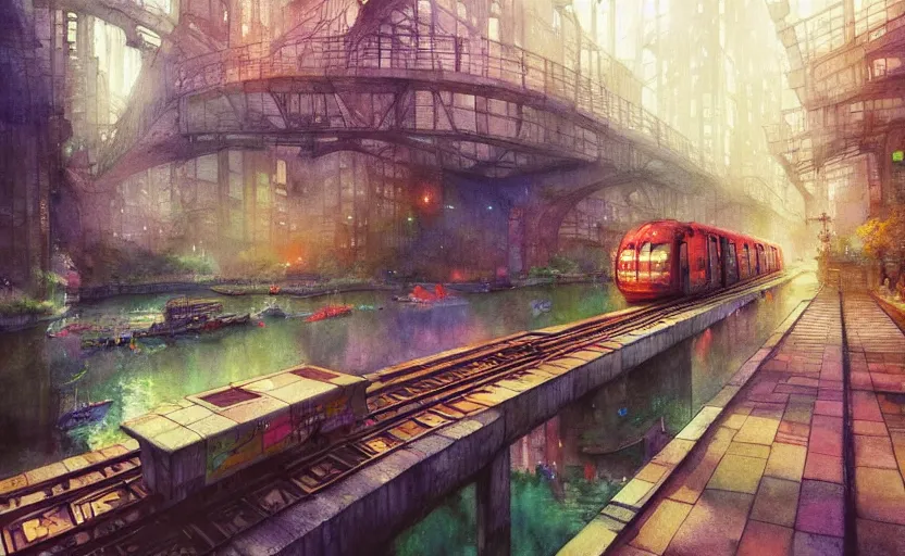 Image similar to an urban train rides inside of a waterway on a fantasy city. intricate, amazing composition, colorful watercolor, by ruan jia, by maxfield parrish, by marc simonetti, by hikari shimoda, by robert hubert, by zhang kechun, illustration, gloomy