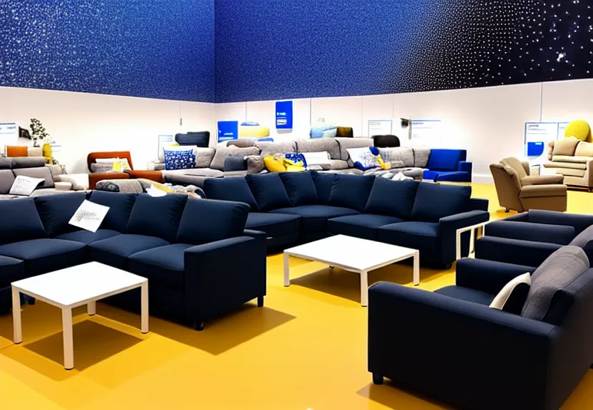 Prompt: a photograph of an ikea showroom, with couches designed with starry night visuals