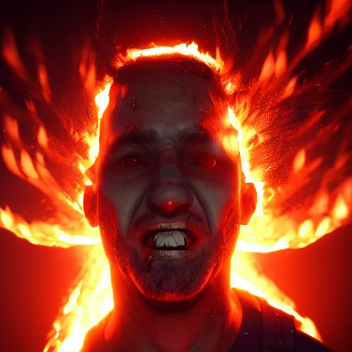 Image similar to man going insane while fire spews from his eyes, digital art, concept art, highly detailed, award winning painting, trending on artstation, 4 k, unreal octane render