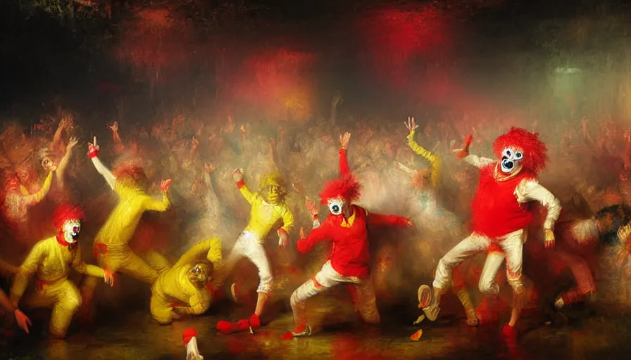 Image similar to highly detailed painting of a group of ronald mcdonalds with red afros, white facepaint, red noses and yellow tracksuits dancing at a cyber nightclub rave by william turner, by greg rutkowski, by william constable, thick brush strokes and visible paint layers, 4 k resolution