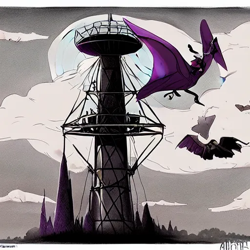 Image similar to abigail larson, don bluth, artgerm, joshua middleton, purple color pallete, welcome to night vale, radio tower with black hole above it, helicopter, spooky strange weird quirky, cartoon, 2 d, chiral lighting