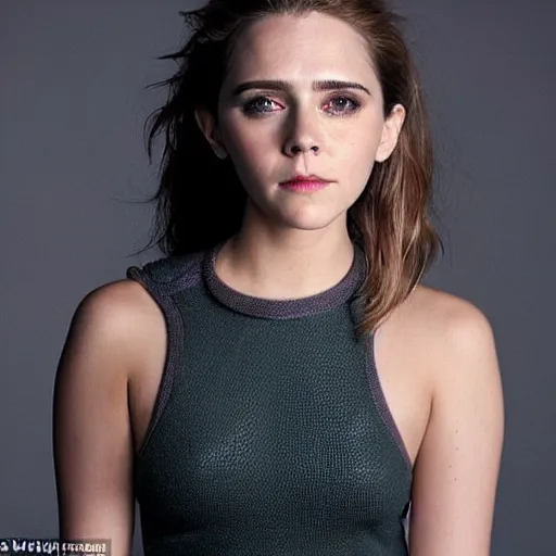 Image similar to a woman who is a genetic combination of elizabeth olsen and emma watson face and upper - body focus