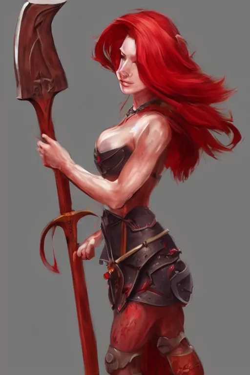 Image similar to a woman with red hair holding two large axes, concept art by senior character artist, artstation contest winner, fantasy art, concept art, artstation hd, 2 d game art