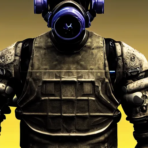 Prompt: a award winning action upper body portrait of nuke zombie with a breathing mask while wearing futuristic bodyarmor and pauldrons, outrun, vaporware, highly detailed, fine detail, intricate