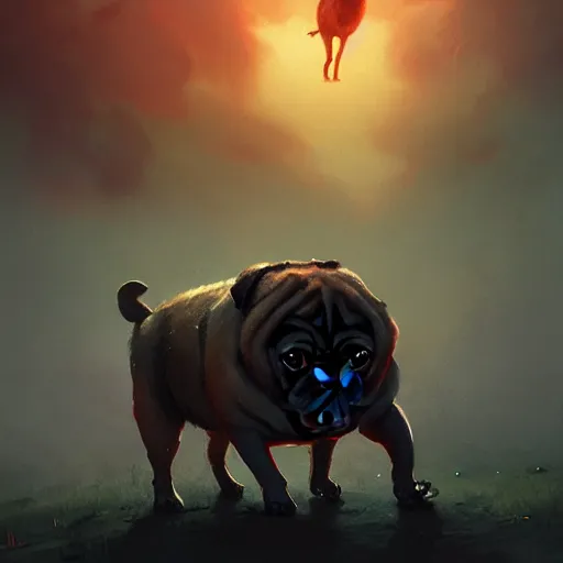 Image similar to anthropomorphic pug, alone on a battlefield surrounded by corpses of animals, horror , backlight, red sky, highly detailed, digital painting, artstation, concept art, matte, sharp focus, illustration, by Greg Rutkowski and frazetta