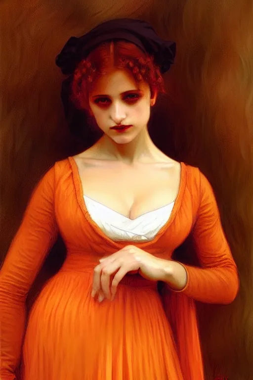 Prompt: victorian vampire in orange dress, painting by rossetti bouguereau, detailed art, artstation