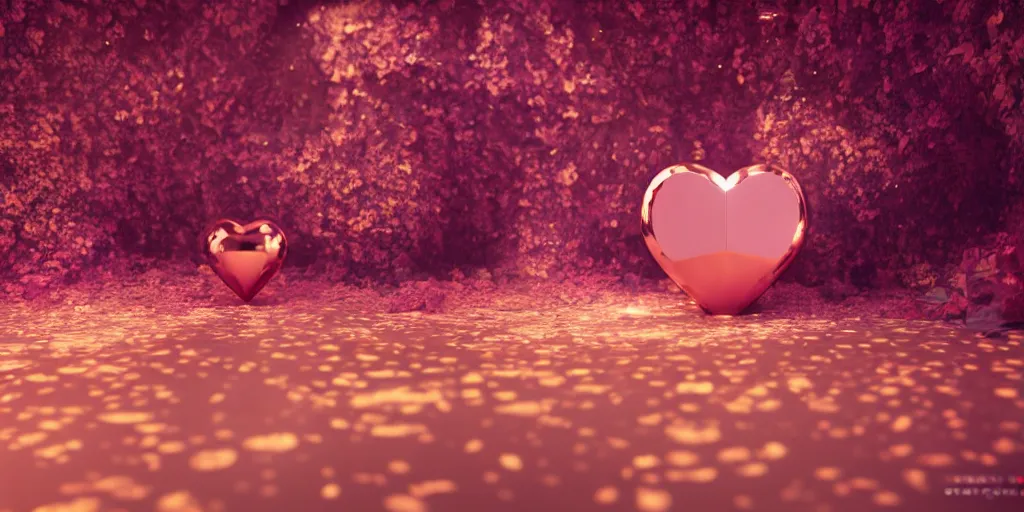 Prompt: isometric box, ultra-realistic rose gold heart, buried inside an enchanted forest, prism highlights, depth of field, cinematic, concept art, art station, octane render, v-ray, 8k, C4D