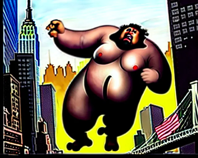 Image similar to [ 1 6 k ] a ginourmous fat behemoth putrid rotting smelly man stomping over new york city. terrorist attack. people running for their lives