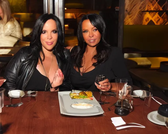 Image similar to lana kane and aisha tyler having dinner at an expensive restaurant, private booth, muted lighting, cdx