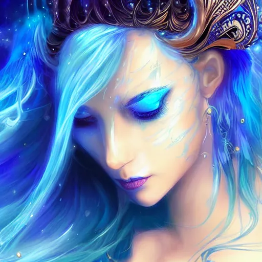 Prompt: beautiful faery sorceress, glowing blue butterflies, flowing blue hair, golden streaks, digital spray brush, in the style of artgerm, illustration, epic, fantasy, intricate, hyper detailed, artstation, concept art, smooth, sharp focus, vibrant, indi creates