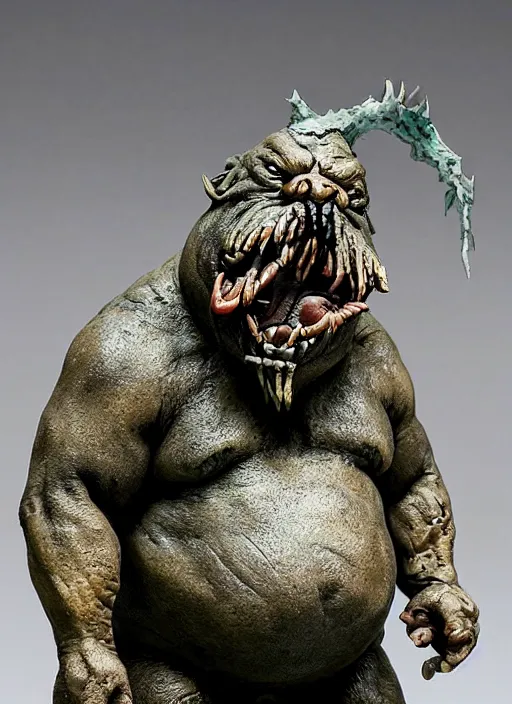 Prompt: Image on the store website, eBay, Wonderfully detailed 80mm Resin figure of a ugly fat monster with a dirty knife .