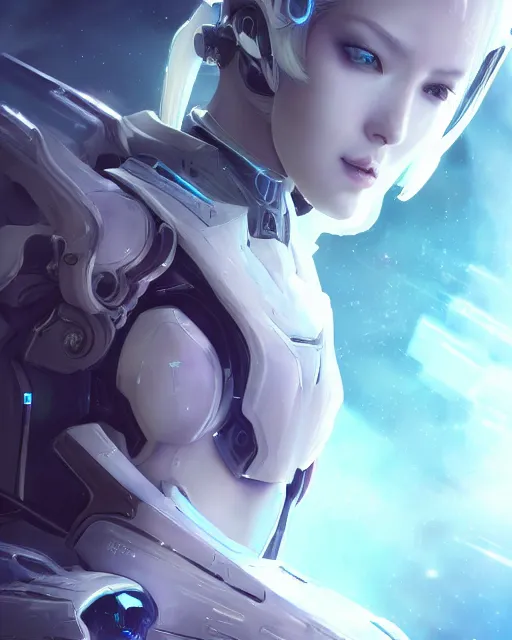 Image similar to perfect android girl on a mothership, warframe armor, beautiful face, scifi, futuristic, galaxy, nebula, raytracing, dreamy, long white hair, blue cyborg eyes, sharp focus, cinematic lighting, highly detailed, artstation, divine, by gauthier leblanc, kazuya takahashi, huifeng huang