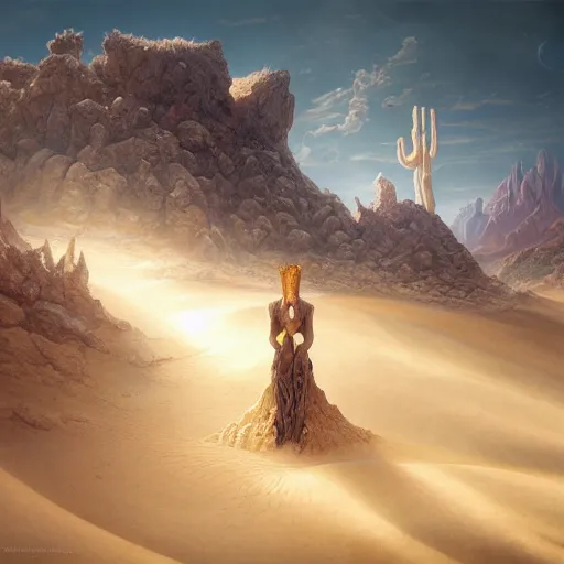 Image similar to a hyperrealistic illustration of a monster covered in sand, desert with rocks with fractal sunlight, award-winning, masterpiece, in the style of Tom Bagshaw, Cedric Peyravernay, Peter Mohrbacher